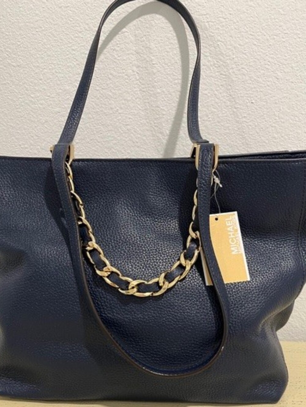 Michael Kors Navy Pebbled Leather Large Harper Tote W/Goldtone Trim New With Tag